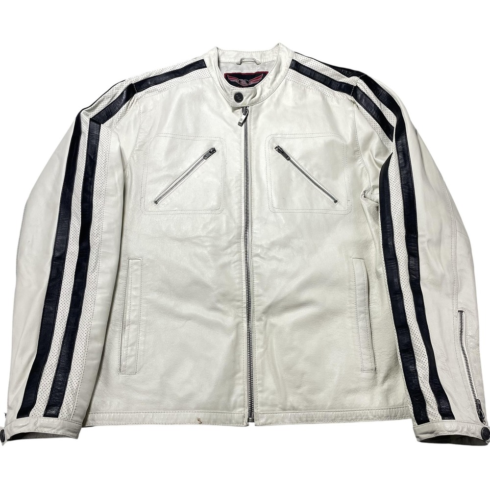 Street Legal Jacket Mens Large White Leather Motorcycle Racing‎ Stripe Zip Lined